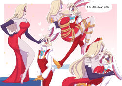 Rule 34 | 1boy, 1girl, adylaineart, cosplay, couple, demon boy, demon girl, dress, hazbin hotel, husband and wife, jessica rabbit, jessica rabbit (cosplay), lilith (hazbin hotel), long hair, lucifer morningstar (hazbin hotel), red dress, roger rabbit, roger rabbit (cosplay), suspenders, very long hair, who framed roger rabbit