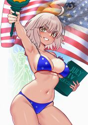 1girl absurdres ahoge american_flag american_flag_print armpits bikini bird blue_bikini book breasts eagle fate/grand_order fate_(series) flag_print fourth_of_july fukou hand_up highres holding holding_book holding_torch jeanne_d&#039;arc_alter_(avenger)_(fate) jeanne_d&#039;arc_alter_(fate) looking_at_viewer navel short_hair smile solo star_print_bikini statue_of_liberty swimsuit torch white_hair yellow_eyes