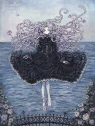 Rule 34 | 1girl, absurdres, acrylic paint (medium), barefoot, black dress, commentary request, cracked skin, dress, expressionless, floating, floating hair, flower, gothic lolita, highres, horizon, lolita fashion, long hair, looking at viewer, ocean, original, painting (medium), pale skin, petals, pink eyes, pink hair, rose, sumire shisei, traditional media, very long hair, wavy hair
