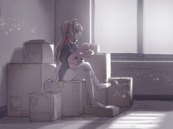 1girl barefoot box cardboard_box commentary_request crossed_legs expressionless grey_hair indoors light_particles long_hair makaino_ririmu multicolored_hair nijisanji pink_hair pointy_ears profile red_eyes sabamen sitting sketch solo stuffed_animal stuffed_rabbit stuffed_toy two-tone_hair window