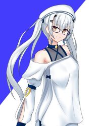 1girl bare_shoulders blue_background blue_ribbon breasts fate/grand_order fate_(series) glasses gold_trim hair_ornament hairclip hat long_hair looking_at_viewer melusine_(fate) ribbon shirt small_breasts smile twintails vemus_01 wavy_hair white_background white_hair white_shirt yellow_eyes