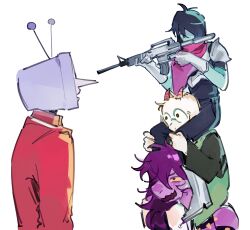 1girl 1other 2boys aiming animal_ears ant_tenna antenna_hair armored_boots black_pants black_shirt blue_hair blue_skin boots bracelet carrying colored_sclera colored_skin commentary deltarune english_commentary faceless furry furry_male gauntlets glasses goat_boy goat_ears goat_horns green-framed_eyewear green_robe grey_armor gun hair_between_eyes hands_up highres holding holding_gun holding_weapon horns jacket jewelry kris_(dark_world)_(deltarune) kris_(deltarune) long_hair long_sleeves looking_at_another monster_girl multiple_boys object_head open_mouth pants piggyback pointy_ears purple_eyes purple_hair purple_scarf purple_skin ralsei red_jacket rifle robe round_eyewear scarf shirt short_hair short_sleeves simple_background smile spiked_bracelet spikes standing susie_(dark_world)_(deltarune) susie_(deltarune) tuofu v-shaped_eyebrows weapon white_background white_fur wide_sleeves yellow_sclera