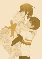 Rule 34 | 1boy, 1girl, arms around neck, carrying, carrying person, closed eyes, dress, ever 17, kuranari takeshi, layered sleeves, long sleeves, monochrome, puffy short sleeves, puffy sleeves, sepia, short hair, short over long sleeves, short sleeves, smile, takigawa yuu, tanaka yubiseiharukana