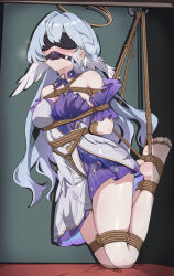 Rule 34 | 1girl, absurdres, arms behind back, ball gag, barefoot, bdsm, blindfold, blue hair, blush, bondage, bound, bound toes, box tie, breasts, crotch rope, crying, crying under blindfold, dress, drooling, earrings, female focus, gag, gagged, halo, head wings, highres, honkai: star rail, honkai (series), jewelry, kneeling, komekura (110015430), long hair, medium breasts, mimoun, restrained, robin (honkai: star rail), rope, rope belt, saliva, saliva trail, shibari, shibari over clothes, skindentation, soles, solo, stationary restraints, suspenders, upright restraints, white dress, wings