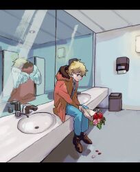 1boy angel_wings blonde_hair blue_eyes blue_pants bouquet different_reflection faucet feathered_wings flower fur-trimmed_hood fur_trim halo hashtag-only_commentary holding holding_bouquet hood hood_down indoors jacket kenny_mccormick letterboxed male_focus mirror necktie open_clothes open_jacket orange_jacket pants petals public_restroom reflection shoes short_hair sink sitting solo south_park ume-bayashi wings