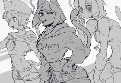 3girls animal_ears bad_link blunt_bangs bone_nigi breasts cat_ears cat_girl cat_tail catty_(bone_nigi) chain cigarette collarbone cropped_jacket greyscale hand_on_own_hip highres kurogai_(bone_nigi) looking_at_viewer looking_to_the_side midriff monochrome multiple_girls navel open_mouth original sailor_collar short_shorts shorts simple_background slit_pupils smoking tail