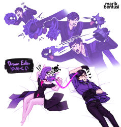 !? +++ 1boy 1girl :t alternate_color alternate_shiny_pokemon arm_up arms_up artist_name bare_shoulders barefoot belt bilingual_text black_dress black_eyes black_gloves black_hair black_jacket black_pants bob_cut breast_pocket breasts choker chopsticks clenched_teeth closed_eyes closed_mouth collarbone collared_shirt colored_skin constricted_pupils dream_eater_(pokemon) dreaming dress eating english_text fangs gardevoir gastly gen_1_pokemon gen_3_pokemon gloves hair_over_one_eye hands_up highres holding holding_chopsticks holding_pokemon jacket japanese_text jewelry legs long_sleeves lying marik_bentusi mixed-language_text motion_lines multiple_views necklace nintendo no_feet off-shoulder_dress off_shoulder on_back one_eye_covered open_mouth original pants parted_lips pillow pink_skin pocket pocket_square pokemon pokemon_(creature) pokemon_move purple_choker purple_hair purple_shirt raised_eyebrow shellder shirt shirt_tucked_in short_hair simple_background skull_and_crossbones sleeping sleeves_rolled_up small_breasts squiggle tangela teeth tongue tongue_out unworn_jacket v-shaped_eyebrows watermark white_background