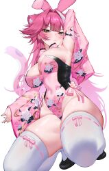 1girl absurdres animal_ear_fluff animal_ears armpit_focus armpits bow bowtie cat_ears cat_girl cat_tail cherry_blossom_print closed_mouth floral_print flower furrowed_brow highleg highleg_leotard highres himeliofon hololive hololive_english kneeling leotard pink_bow pink_bowtie pink_flower pink_hair pink_leotard playboy_bunny presenting_armpit rabbit_ears raora_panthera skindentation solo tail thighhighs thighs v-shaped_eyebrows virtual_youtuber white_thighhighs yellow_eyes