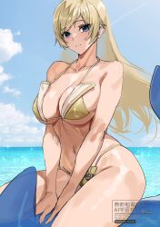 1girl absurdly_long_hair alternate_costume ashiomi_masato bikini blonde_hair blue_eyes breasts collarbone gold_bikini guilty_gear guilty_gear_strive highres large_breasts long_hair millia_rage navel ocean solo swimsuit very_long_hair water