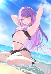 1girl absurdres armpits arms_up barefoot beach bikini bikini_skirt blue_sky blush breasts cloud colored_inner_hair commentary demon_girl demon_tail ear_piercing feet frilled_bikini frills gradient_hair green_eyes highres hololive multicolored_hair nail_polish navel open_mouth piercing pink_bikini pink_hair pointy_ears purple_hair sky small_breasts solo swimsuit tail toenail_polish toenails toes tokoyami_towa tsukkun_(ged45uokqjyex7p) virtual_youtuber water