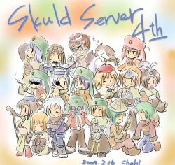 2000s_(style) 6+boys 6+girls :3 :d @_@ acolyte_(ragnarok_online) ajirogasa archer_(ragnarok_online) bard_(ragnarok_online) bird blonde_hair brown_capelet brown_dress brown_hair brown_pants brown_shirt capelet chibi chibi_only cigarette closed_mouth commentary_request crossed_arms dress exp_mochi eyepatch full_body gas_mask goggles goggles_on_head green_hair green_hat grey_hair grin hat hat_ornament holding holding_cigarette holding_staff hunter_(ragnarok_online) long_hair looking_at_viewer mage_(ragnarok_online) mask medium_hair monk_(ragnarok_online) multiple_boys multiple_girls ninja_(ragnarok_online) one_eye_closed open_mouth paladin_(ragnarok_online) pants pink_hair ragnarok_online red_shirt rogue_(ragnarok_online) shirt short_hair sitting smile staff standing star_(symbol) star_hat_ornament sunglasses swordsman_(ragnarok_online) thief_(ragnarok_online) zzz