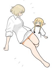 2girls aged_down bare_legs barefoot bob_cut braid character_doll child collared_shirt dress dress_shirt dungeon_meshi elf falin_touden falin_touden_(tallman) floating frs2 full_body green_eyes hair_around_ear hair_over_shoulder highres long_hair long_sleeves marcille_donato multiple_braids multiple_girls pointy_ears quad_braids quad_tails shirt short_hair shorts simple_background sleeves_rolled_up smile surprised tears white_background white_dress white_shirt white_shorts yellow_eyes