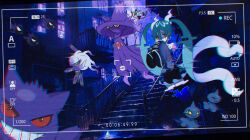 Rule 34 | 1girl, alley, aqua hair, black thighhighs, chandelure, detached sleeves, floating, gastly, gen 1 pokemon, gen 3 pokemon, gen 4 pokemon, gen 5 pokemon, gengar, ghost, ghost miku (project voltage), glitch, gradient hair, grey shirt, hair between eyes, hatsune miku, highres, hisuian zoroark, litwick, mismagius, mizuiro abokado, multicolored hair, nintendo, pokemon, pokemon (creature), project voltage, see-through clothes, see-through skirt, shirt, shuppet, skirt, sleeves past fingers, sleeves past wrists, stairs, thighhighs, twintails, vocaloid, will-o&#039;-the-wisp (mythology), window, yellow eyes