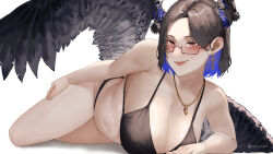 Rule 34 | 1girl, asymmetrical horns, bare shoulders, black bra, black hair, black panties, black wings, blue hair, bra, breasts, cleavage, collarbone, colored inner hair, crystal horns, demon horns, feathered wings, flower, gold necklace, highres, hololive, hololive english, horn flower, horns, jewelry, large breasts, lingerie, looking at viewer, mole, mole under eye, multicolored hair, necklace, nerissa ravencroft, nerissa ravencroft (casual), official alternate hair length, official alternate hairstyle, panties, red eyes, reijiruu, simple background, smile, solo, two-tone hair, underwear, underwear only, uneven horns, virtual youtuber, white background, wings