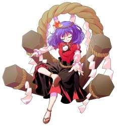 1girl alphes_(style) anklet commentary_request crossed_legs dairi full_body hair_ornament highres jewelry leaf leaf_hair_ornament long_skirt looking_at_viewer maple_leaf onbashira outstretched_arms parody purple_hair red_eyes rope sandals shimenawa sitting skirt smile solo style_parody tachi-e touhou transparent_background tunic yasaka_kanako