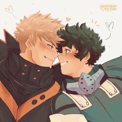 Rule 34 | 2boys, bakugou katsuki, blonde hair, blush, boku no hero academia, collared shirt, commentary, english commentary, freckles, green eyes, green hair, green shirt, grin, heart, highres, male focus, midoriya izuku, multiple boys, noses touching, notice lines, novaneondream, popped collar, profile, red eyes, shirt, short hair, smile, teeth, upper body, white background, yaoi