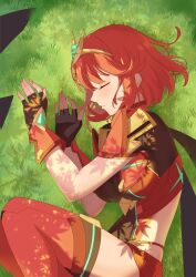1girl black_gloves breasts closed_eyes closed_mouth dated_commentary fingerless_gloves gloves grass hehe_jun highres large_breasts lying on_side outdoors pyra_(xenoblade) red_hair red_shorts short_hair short_shorts shorts sleeping solo swept_bangs tiara xenoblade_chronicles_(series) xenoblade_chronicles_2