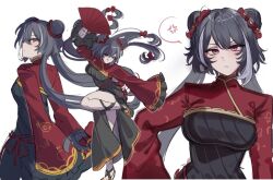 Rule 34 | 1girl, anger vein, chinese clothes, double bun, hair bun, jia xichun (project moon), limbus company, multicolored hair, nilousrighthorn, pink hair, project moon, red shrug, red sleeves, rope belt, solo, speech bubble, streaked hair, white background, white streaks
