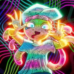 1girl animated animated_gif baseball_cap black_background drooling harmony_(splatoon) hat long_hair looking_at_viewer multicolored_eyes nintendo open_mouth psychedelic rainbow sea_anemone shirt short_sleeves smile soandnb splatoon_(series) splatoon_3 standing