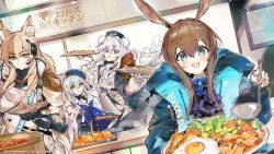 1boy 3girls amiya_(arknights) animal_ears arknights bear_ears bear_girl cooking english_text food fried_egg fruit gloves hair_between_eyes headphones horse_ears horse_girl knife ladle mizuki_(arknights) multiple_girls nearl_(arknights) nearl_the_radiant_knight_(arknights) official_art orange_(fruit) plate pot rabbit_ears rabbit_girl rhodes_island_logo_(arknights) rosa_(arknights) salad vegetable