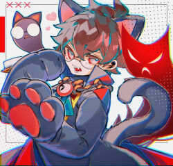 1boy animal_costume animal_ears animal_hands brown_hair cat_costume cat_ears cat_tail chromatic_aberration clock clock_hands fake_animal_ears fangs glasses gloves hair_between_eyes highres klug_(puyopuyo) looking_at_viewer male_focus merumerumerume open_mouth paw_gloves puyopuyo puyopuyo_quest red_eyes round_eyewear short_hair simple_background solo strange_klug tail