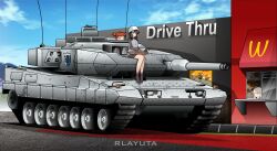 3girls absurdres artist_name black_boots black_skirt blue_hat blue_jacket blue_sky blunt_bangs boots brown_eyes brown_hair closed_mouth cloud cloudy_sky commentary constricted_pupils day drive-thru emblem english_text frown girls_und_panzer hat highres holding holding_instrument instrument itsumi_erika jacket kantele keizoku_(emblem) keizoku_military_uniform long_sleeves looking_at_viewer mcdonald&#039;s medium_hair mika_(girls_und_panzer) mikko_(girls_und_panzer) military military_uniform military_vehicle miniskirt motor_vehicle multiple_girls open_mouth outdoors pleated_skirt raglan_sleeves red_hair rlayuta short_hair short_twintails skirt sky smile stridsvagn_122 tank track_jacket tulip_hat twintails vehicle_focus wcdonald&#039;s