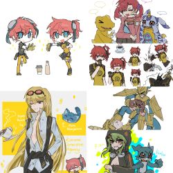 absurdres agumon aiba_ami aiba_takumi alphamon black_eyes blonde_hair coffee_mug cup digimon digimon_story:_cyber_sleuth gabumon glasses_on_head highres kuremi_kyouko long_hair lopmon magnamon mug sanada_arata shiramine_nokia tokomon v-mon wanyamon
