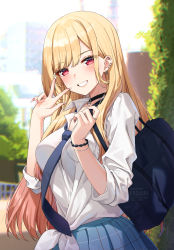 1girl artist_name bead_bracelet beads between_breasts black_choker blonde_hair blue_bag blue_necktie blue_skirt blush bracelet breast_pocket breasts choker colored_tips commentary earrings fake_nails gradient_hair gyaru highres jewelry kitagawa_marin long_hair loose_necktie medium_breasts multicolored_hair multiple_earrings necktie outdoors parted_lips pink_hair pixiv_username pleated_skirt pocket red_eyes revision ring rosuuri school_uniform shirt skirt smile solo sono_bisque_doll_wa_koi_wo_suru sparkle stud_earrings tied_shirt twitter_username w