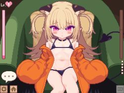 1girl animal_ear_fluff animal_ears animated armchair ass assisted_exposure barefoot belly belly_rub bikini black_bra black_panties blonde_hair blush bra bra_pull breasts chair choker clothes_pull cursor demon_tail feet female_focus gameplay_mechanics gluteal_fold headpat jacket legs_up loli long_hair looking_at_viewer navel nipples no_entity on_chair open_clothes open_jacket orange_jacket original panties partially_visible_vulva pink_eyes pixel_art sitting small_breasts solo spread_legs spreading_another&#039;s_legs swimsuit tagme tail thighs toes underwear user_interface video
