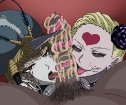 1boy 2girls arthropod_girl blonde_hair heart kaijin_hime_do-s male_pubic_hair mikazuki_mikage mosquito_girl mosquito_musume multiple_girls one-punch_man penis pubic_hair tongue tongue_job