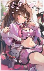 1girl absurdres animal animal_ears bell belt black_belt blush bow bowtie bra breasts brown_hair capelet cat_ears christmas_ornaments christmas_tree clenched_hands commission demon_tail detached_sleeves earrings fake_animal_ears fur-trimmed_capelet fur-trimmed_sleeves fur_trim hair_bow heterochromia highres jewelry kneehighs midriff navel neck_bell orange_eyes original pink_bow pink_bowtie pink_skirt plaid_capelet plaid_clothes plaid_sleeves pom_pom_(clothes) ponytail purple_bra purple_capelet purple_sleeves red_bow red_bowtie red_nails second-party_source sitting skeb_commission skirt socks solo star_(symbol) star_earrings stomach tail trente two-tone_bow two-tone_bowtie underwear white_socks yellow_eyes