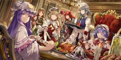 6+girls :q apron ascot bat_wings black_vest blonde_hair blue_ribbon blue_vest blunt_bangs bottle bow bowtie braid bread cake candle chair chandelier chicken_(food) closed_mouth collared_shirt commentary crescent crescent_hat_ornament cup demon_tail drinking_glass english_commentary fang fang_out fingernails flandre_scarlet food frilled_shirt_collar frills fruit game_cg gloves grapes green_bow green_bowtie green_eyes green_skirt green_vest grey_hair hair_bow hand_on_own_chin hat hat_ornament hat_ribbon head_wings highres holding holding_cup holding_food holding_knife holding_tray hong_meiling huashijie_(medium) indoors izayoi_sakuya jar knife koakuma long_hair looking_at_viewer macaron maid maid_headdress medium_hair mob_cap multiple_girls neko_(yanshoujie) official_art one_eye_closed parted_bangs patchouli_knowledge pointy_ears puffy_short_sleeves puffy_sleeves purple_eyes purple_hair red_ascot red_eyes red_hair red_nails red_ribbon red_skirt red_vest remilia_scarlet ribbon second-party_source sharp_fingernails shirt short_hair short_sleeves side_braids skirt star_(symbol) star_hat_ornament strawberry table tail teapot third-party_source tongue tongue_out touhou touhou_lostword tray very_long_hair vest waist_apron white_apron white_gloves white_hat white_shirt wine_bottle wine_glass wings wrist_cuffs yellow_ascot