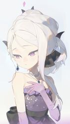 1girl absurdres blue_archive blush breasts dress earrings gloves halo highres hina_(blue_archive) hina_(dress)_(blue_archive) jewelry long_hair necklace pendant purple_dress purple_eyes purple_gloves simple_background small_breasts solo white_hair zidu_(9478296)