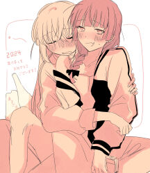 2girls blush bocchi_the_rock! braid closed_eyes commentary_request drunk earrings fang gotoh_hitori hand_on_another&#039;s_arm head_on_another&#039;s_shoulder highres himemiya-y hiroi_kikuri hug hug_from_behind jewelry long_hair monochrome multiple_girls single_braid skin_fang stud_earrings sweatdrop translation_request yuri