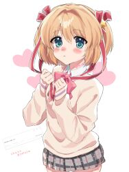 Rule 34 | 1girl, 2025, aqua eyes, blonde hair, blush stickers, bow, clenched hands, closed mouth, collared shirt, commentary, commission, cowboy shot, dated, eyes visible through hair, grey skirt, hair between eyes, hair ornament, hair ribbon, hands up, heart, heart in eye, highres, hn ost, holding, holding ribbon, kamikita komari, little busters!, little busters! school uniform, long ribbon, looking at viewer, miniskirt, pink bow, plaid clothes, plaid skirt, red ribbon, ribbon, school uniform, shirt, short hair, simple background, skirt, sleeves past wrists, solo, star (symbol), star hair ornament, sweater, symbol in eye, translation request, two side up, white background, white shirt, yellow sweater