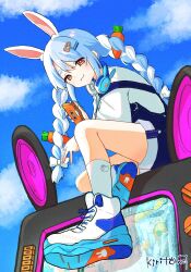 1girl :3 animal_ear_fluff animal_ears blue_hair blue_sky bow braid bunny_headphones carrot_hair_ornament closed_mouth cloud commentary_request day food-themed_hair_ornament hair_between_eyes hair_bow hair_ornament hairclip headphones headphones_around_neck highres hololive kiritoma long_hair long_sleeves looking_at_viewer multicolored_hair outdoors overall_shorts overalls puffy_long_sleeves puffy_sleeves rabbit-shaped_pupils rabbit_ears shirt shoe_soles shoes short_eyebrows simple_background sitting sky socks symbol-shaped_pupils thick_eyebrows twin_braids twintails two-tone_hair usada_pekora very_long_hair virtual_youtuber white_bow white_hair white_shirt white_shoes white_socks
