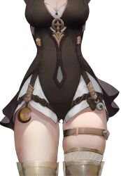 Rule 34 | 1girl, belt, black leotard, boots, breasts, cipher (honkai: star rail), cleavage, commentary request, gold boots, head out of frame, highres, honkai: star rail, honkai (series), large breasts, leotard, lower body, shorts, simple background, smurtz, solo, thigh belt, thigh focus, thigh strap, thighs, white background, white shorts