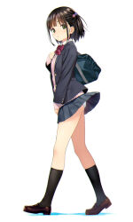 1girl black_hair black_jacket black_skirt black_socks blazer bow bowtie brown_shoes cardigan clothes_lift collared_shirt commentary_request from_side full_body green_eyes hair_bobbles hair_ornament jacket kneehighs koutaro legs loafers long_sleeves looking_at_viewer original panties pantyshot pink_cardigan red_bow red_bowtie red_shirt school_uniform shirt shoes short_hair simple_background skirt skirt_lift socks solo underwear white_background white_panties wind wind_lift winter_uniform