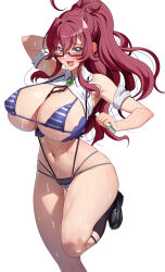 Rule 34 | 1girl, absurdres, ahoge, akihiro0920, antenna hair, aqua eyes, bikini, border, breasts, cleavage, clothes lift, collarbone, collared shirt, commentary request, glasses, green eyes, hair between eyes, highres, kimi no koto ga dai dai dai dai daisuki na 100-nin no kanojo, large breasts, large variant set, long hair, mole, mole on breast, navel, open mouth, ponytail, purple bikini, red hair, shirt, shirt lift, sidelocks, simple background, solo, standing, standing on one leg, striped bikini, striped clothes, swimsuit, variant set, white background, white shirt, yakuzen kusuri, yakuzen kusuri (older)