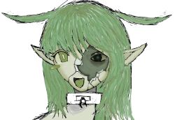 Rule 34 | 1girl, antenna hair, black souls, black souls 2, bright pupils, broken mask, chain, chain leash, choker, collar, colored skin, green eyes, green skin, grey hair, hair over eyes, happy, highres, leaf (black souls), leash, looking at viewer, mask, medium hair, open mouth, pointy ears, single sidelock, smile, solo, white background, white choker, white collar, white pupils, yearnforblood