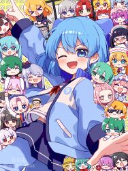 1boy 6+girls anger_vein animal_ears aqua_eyes aqua_hair beat_mario_(vtuber) black_hair blue_eyes blue_hair blue_jacket blue_skirt braid brown_hair chibi cirno closed_eyes crossover daiyousei flandre_scarlet frog_hat fujiwara_no_mokou glasses green_eyes green_hair grey_hair hakurei_reimu hat hatsune_miku highres hong_meiling houraisan_kaguya inaba_tewi indie_virtual_youtuber izayoi_sakuya jacket kagiyama_hina kamishirasawa_keine kazami_yuuka kirisame_marisa koakuma komeiji_satori lily_white moriya_suwako multiple_girls mystia_lorelei nene_man open_mouth patchouli_knowledge pink_hair rabbit_ears red_eyes reisen_udongein_inaba reiuji_utsuho remilia_scarlet rumia saigyouji_yuyuko shirt short_hair skirt smile third_eye touhou vocaloid white_hair white_hat white_shirt wriggle_nightbug yagokoro_eirin zun