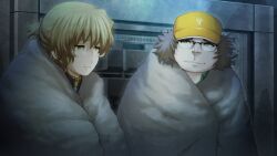 Rule 34 | 1boy, 1girl, amane suzuha, amane suzuha (beta), baseball cap, black jacket, blue jacket, blue track suit, braid, brown hair, collared shirt, cropped jacket, fat, fat man, father and daughter, fur blanket, game cg, green eyes, green shirt, hair rings, hashida itaru, hat, high collar, highres, huke, indoors, jacket, jacket over jacket, leather, leather jacket, looking at another, midriff, non-web source, official art, open collar, ringed eyes, shirt, smile, steins;gate, steins;gate 0, track jacket, track suit, twin braids, twintails, wrapped in blanket, yellow eyes, yellow hat