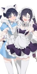 Rule 34 | 1boy, 1girl, absurdres, alternate costume, animal ears, apron, aqua eyes, black hair, blue dress, blue nails, blue sleeves, blunt bangs, blunt ends, blush, bow, bright pupils, cat boy, cat ears, cat tail, choppy bangs, collar, commission, crossdressing, crossdressing (mtf), dangdidangdi, detached collar, dress, enmaided, eyeliner, eyeshadow, frilled apron, frills, genshin impact, hair between eyes, hair bow, half-closed eyes, hetero, highres, holding another&#039;s wrist, juliet sleeves, layered dress, long hair, long sleeves, looking at another, maid, maid apron, maid headdress, makeup, male maid, mona (genshin impact), one eye closed, open mouth, parted bangs, ponytail holder, puffy sleeves, purple dress, purple eyes, purple hair, purple nails, purple sleeves, red eyeliner, red eyeshadow, scaramouche (genshin impact), second-party source, standing, star (symbol), star print, tail, thighhighs, twintails, v, white apron, white background, white bow, white collar, white dress, white headdress, white pupils, white thighhighs, white wrist cuffs, wrist cuffs