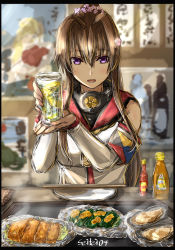 1girl border breasts brown_hair detached_sleeves flower food food_focus hair_flower hair_ornament highres kantai_collection long_hair looking_at_viewer meal medium_breasts military military_uniform open_mouth ponytail purple_eyes seitei_(04seitei) sketch solo upper_body yamato_(kancolle) z_flag