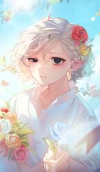 1boy absurdres bags_under_eyes black_eyes blue_sky bouquet braid cloud day dungeon_meshi elf flower grey_hair hair_flower hair_ornament highres holding holding_bouquet holding_flower lazy_eye lella_nyam looking_at_viewer male_focus mithrun notched_ear outdoors parted_lips pointy_ears short_hair sky solo uneven_eyes upper_body wavy_hair
