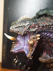 artist_collaboration claws crossover daiei_film daiei_motion_picture elbow_blade elbow_spikes figure gamera gamera_(series) godzilla_(series) green_eyes highres kadokawa kaiju mandibles monster open_mouth pamayagi parody sea_monster sharp_teeth shin_godzilla statue teeth turtle tusks uji_onote
