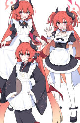 1girl alternate_costume apron black_dress blue_archive closed_mouth demon_girl demon_horns dress enmaided frilled_apron frills halo highres horns juliet_sleeves junko_(blue_archive) long_hair long_sleeves maid maid_apron multiple_views open_mouth pantyhose puffy_short_sleeves puffy_sleeves purple_eyes red_hair red_halo sateto_(user_knrf2332) short_sleeves simple_background twintails very_long_hair wa_maid white_apron white_background white_pantyhose wide_sleeves