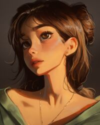 1girl brown_eyes brown_hair collarbone earrings gold_necklace green_shirt grey_background hair_bun head_tilt highres jewelry low_ponytail medium_hair necklace original ponytail portrait sam_yang shirt simple_background solo sparkling_eyes stud_earrings