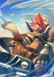 Rule 34 | 1boy, abs, alchemy stars, bara, blue sky, bottle, can, commentary request, diffraction spikes, food, holding, holding bottle, kuren, male focus, multicolored hair, muscular, muscular male, navel, pectorals, plate, profile, prosthesis, prosthetic hand, scar, scar on chest, scar on chin, scar on face, scar on stomach, sinsa (alchemy stars), sitting, sky, smile, soroz (alchemy stars), wrench