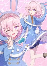 1girl adapted_costume animal_hood ankle_boots blue_coat blue_eyes blue_shorts boots brown_boots chyanu coat commentary english_commentary flower_ornament hand_up highres honkai:_star_rail honkai_(series) hood leg_up long_sleeves looking_at_viewer march_7th_(honkai:_star_rail) medium_hair multicolored_eyes multiple_views one_eye_closed open_mouth pink_eyes pink_hair pink_pupils rabbit_hood shorts smile solo two-tone_eyes